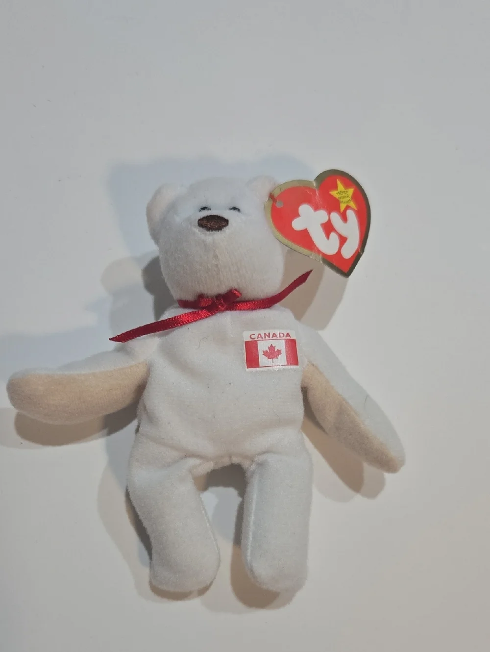 Maple Ty Plush Canada Bear in White with Red Ribbon
